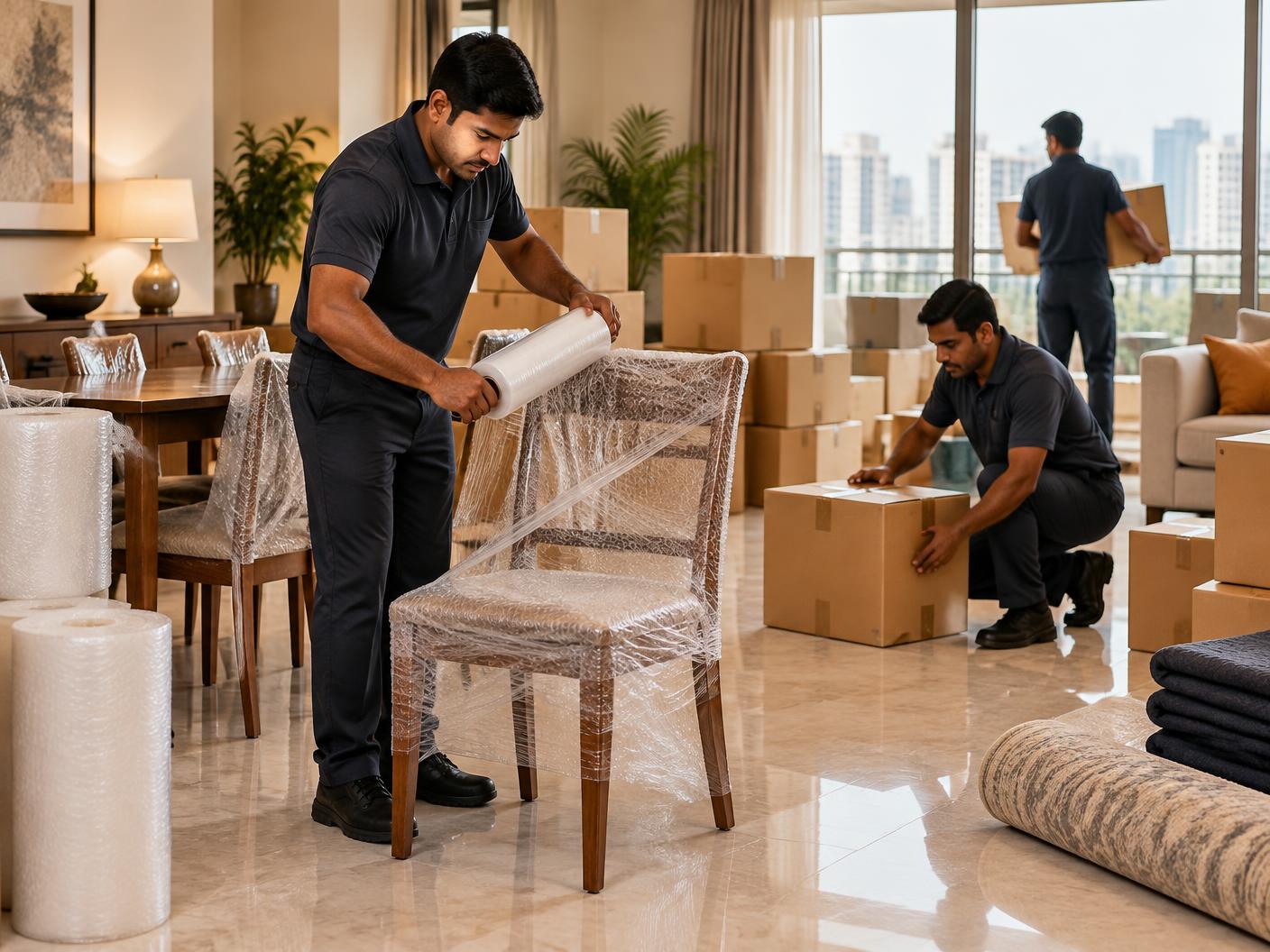 Professional movers carefully packing household furniture